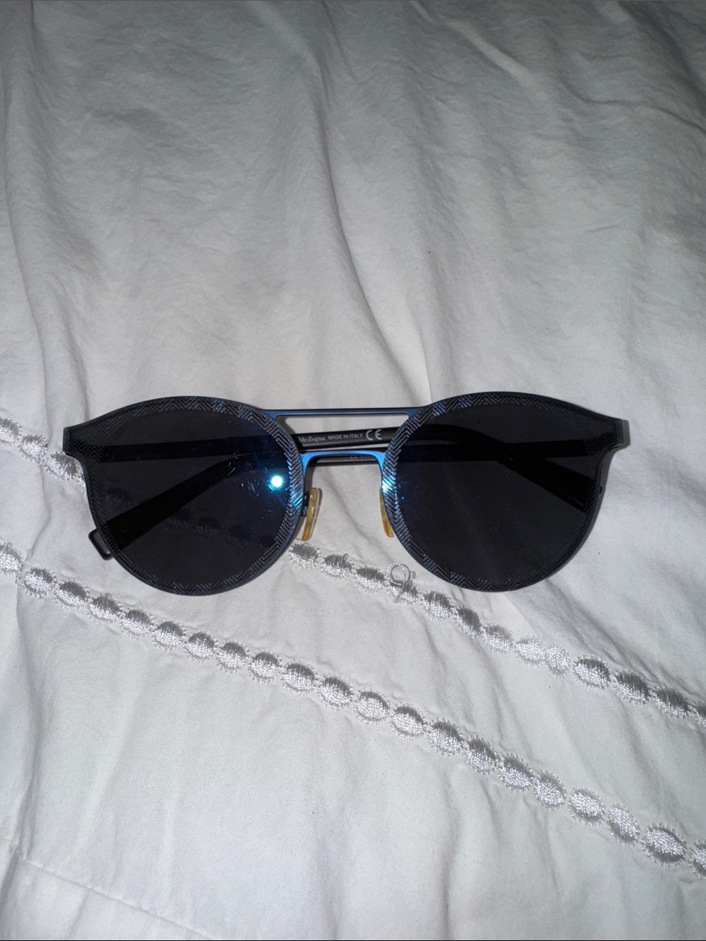 Ermenegildo Zegna Blue Round Sunglasses with Subtle Patterned Frame